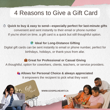 Alt Text: "Graphic listing 4 reasons to give a gift card: 1) Easy and quick to buy, 2) Lets the recipient choose what they want, 3) Great for any occasion, 4) Ideal for long-distance or last-minute gifts. Includes colorful icons and a gift card illustration."